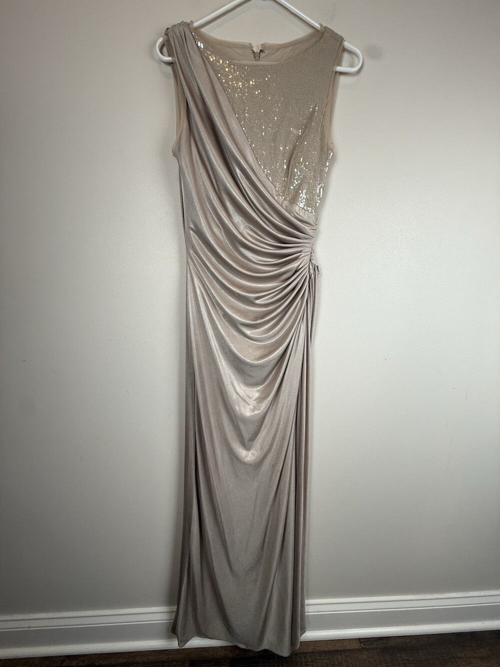 Cache One Shoulder Champagne Sequin Draped Evening Gown Sz 10 Formal Dress Y2K